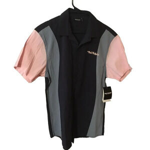PINK+DOLPHIN Button up Short Sleeve Shirt Navy Blue Pink Men's Size Lg NWT